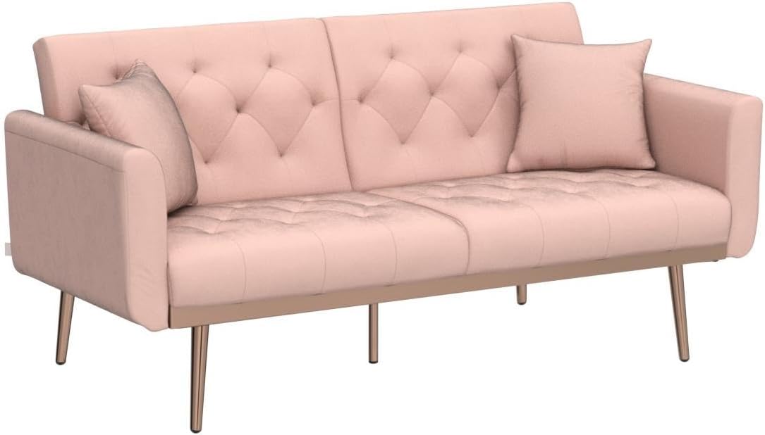 Convertible Velvet Futon Sofa Bed, Upholstered Loveseat Sleeper Couch with 3 Reclining Angles and 2 Pillows