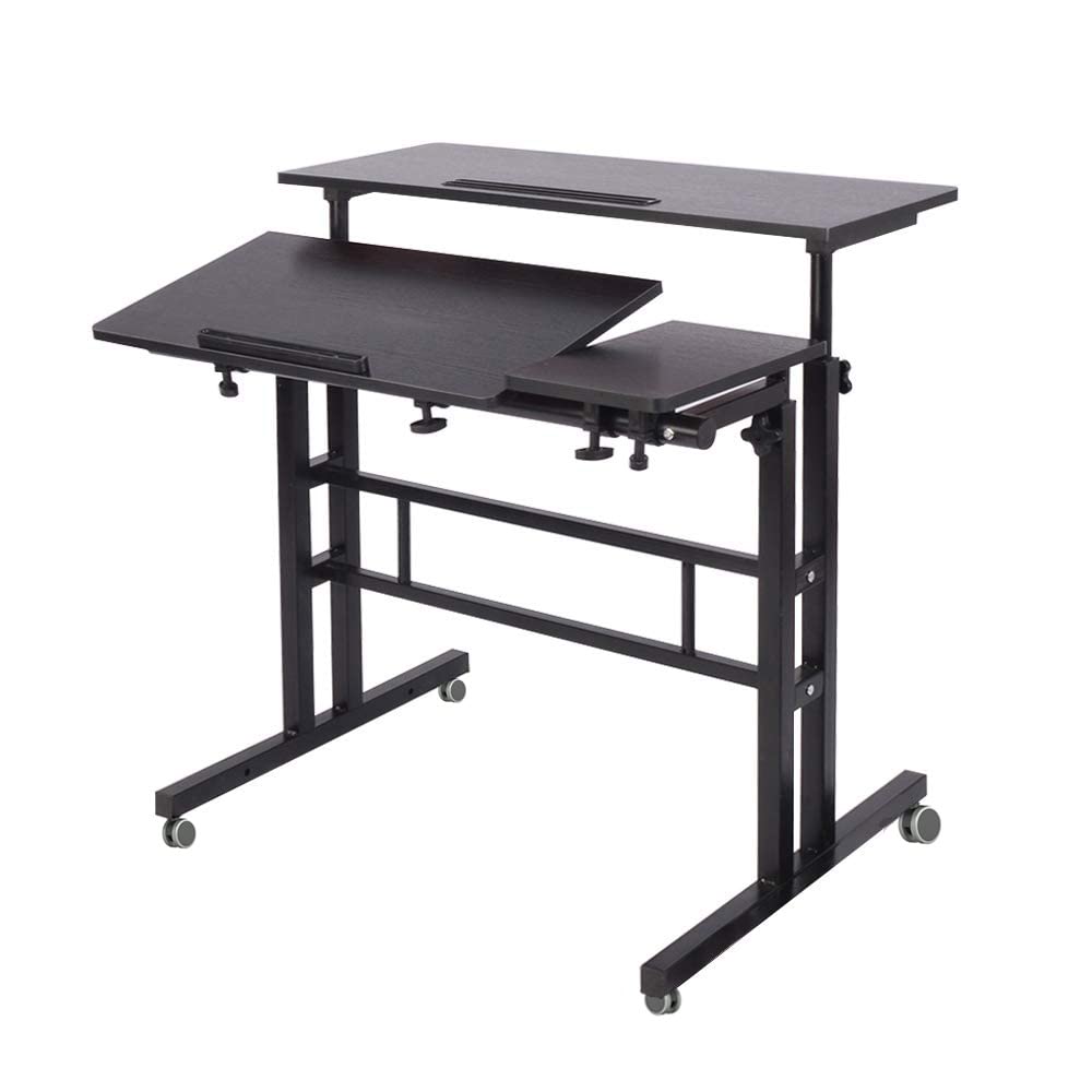 Mobile Laptop Sit-Stand Desk, Height Adjustable Standing Tiltable Top Desk