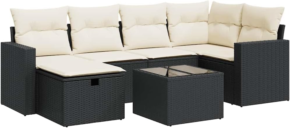 7-Piece Outdoor Rattan Sofa Set - Black Wicker Patio Furniture for Small Balconies & Gardens