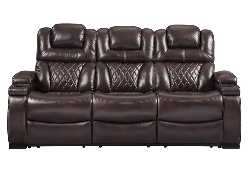 Warnerton Faux Leather Power Reclining Sofa with Adjustable Headrest, Brown