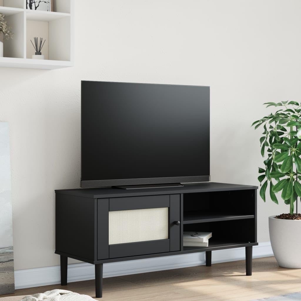 SENJA Rattan Look TV Stand - Black, Solid Wood Pine, Ample Storage