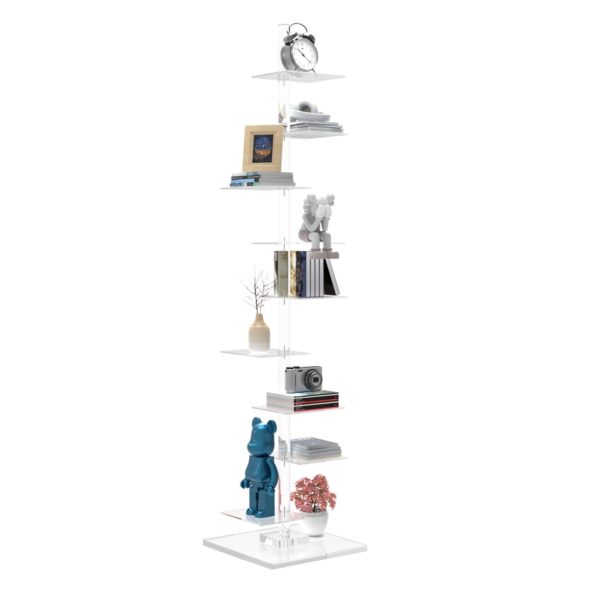 9 Tier Acrylic Bookshelf Invisible Bookshelf, Height Adjustable Vertical Spine Book Tower, Floor Standing Bookcase Display Shelf for Books,Decor, DIY Open Bookcase for Living Room, Office