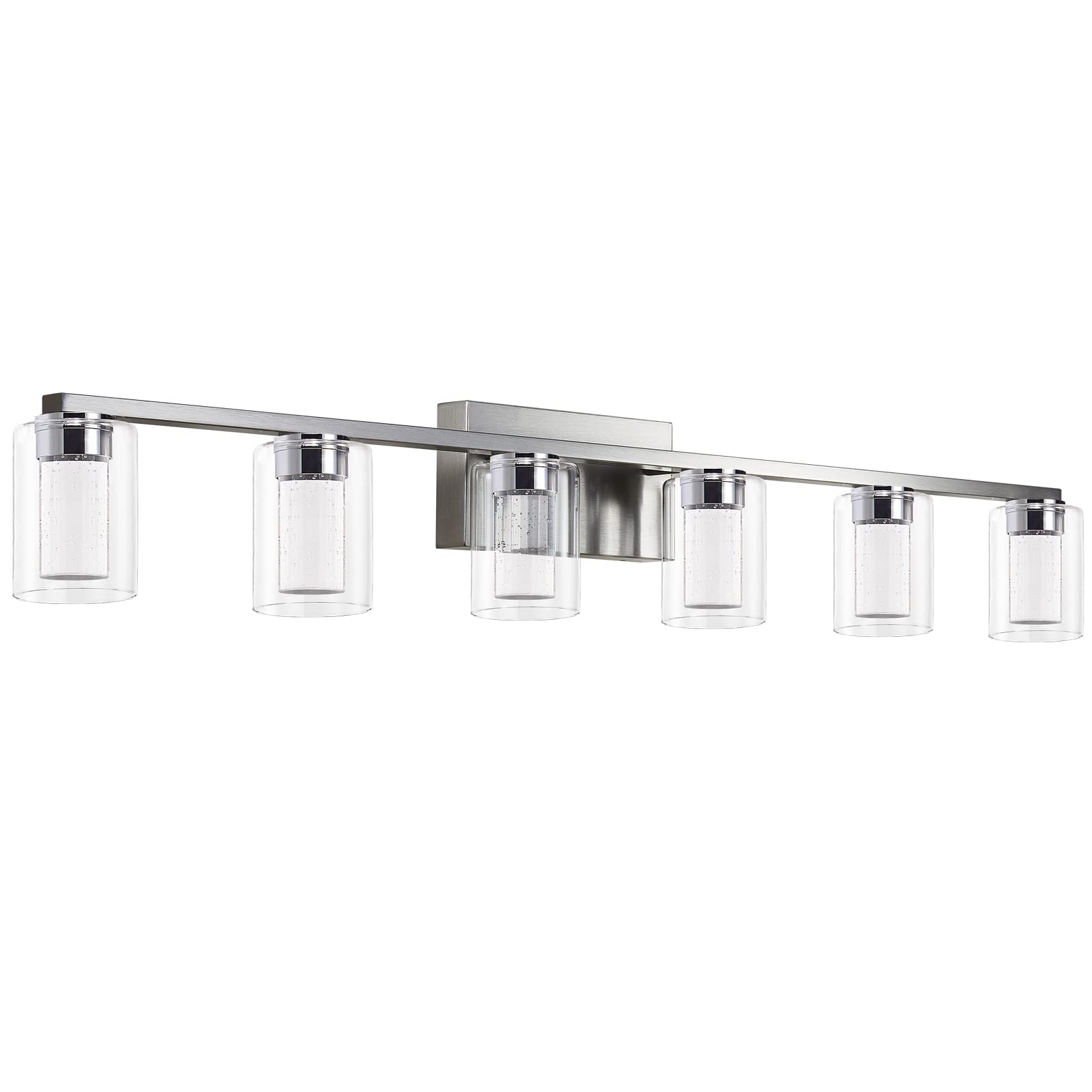 Brushed Nickel 6-Light Vanity Fixtures, Crystal Bubble Glass LED Sconces - Dimmable 3-Color (White/Neutral/Warm) for Bathroom, Hallway, Living Room