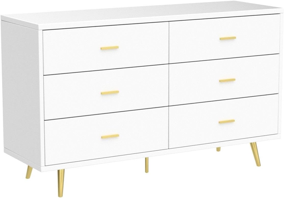 White Dresser, 6 Drawer Dresser for Bedroom with Wide Drawers and Metal Handles