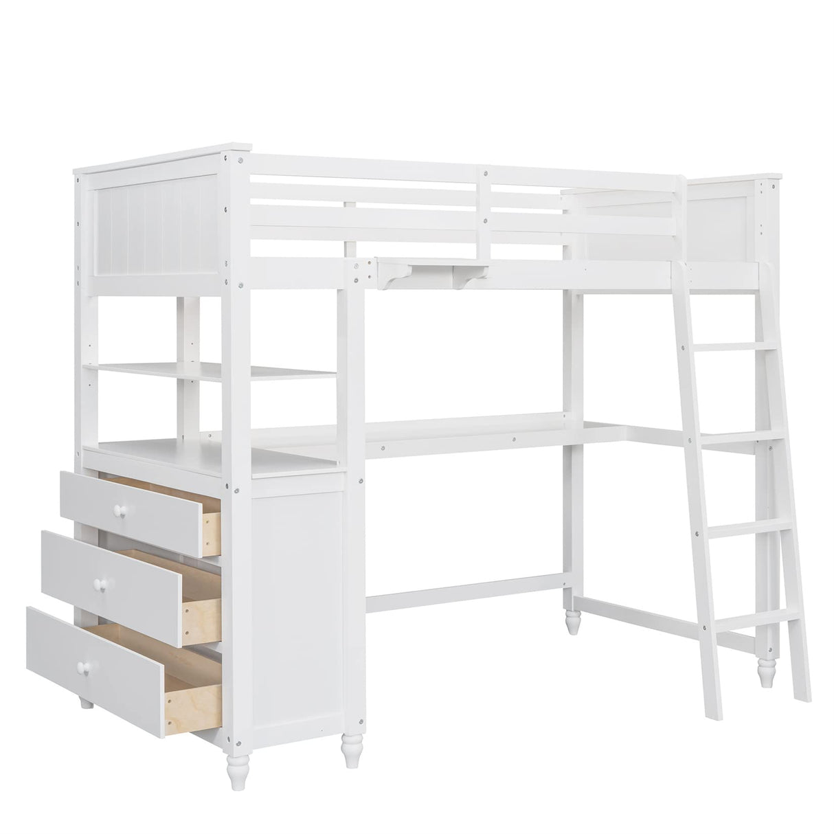 Twin Loft Bed with Desk and Storage Drawers Wood High Loft Beds Frame