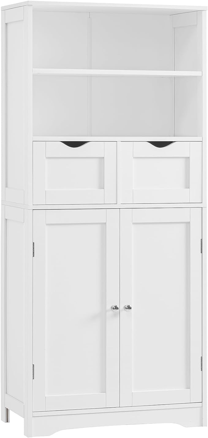 Cabinet with 2 Drawers & Adjustable Shelves, Bathroom Cabinet with Doors, Kitchen Pantry Cabinet