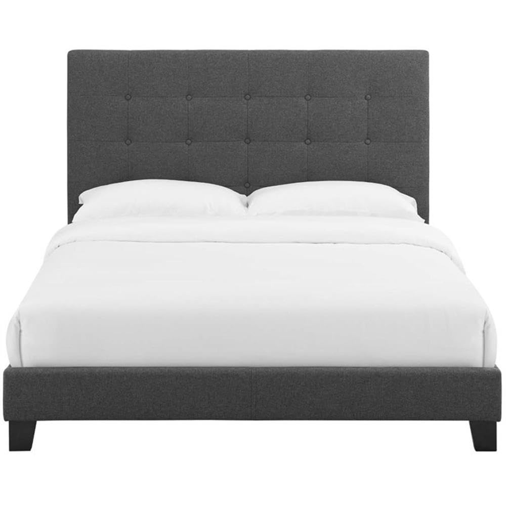 Modern Button Tufted Fabric Full Platform Bed in Gray