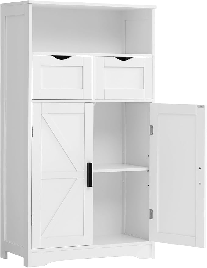 Bathroom Cabinet, Storage Cabinet with 2 Adjustable Drawers & 2 Barn Doors, Standing
