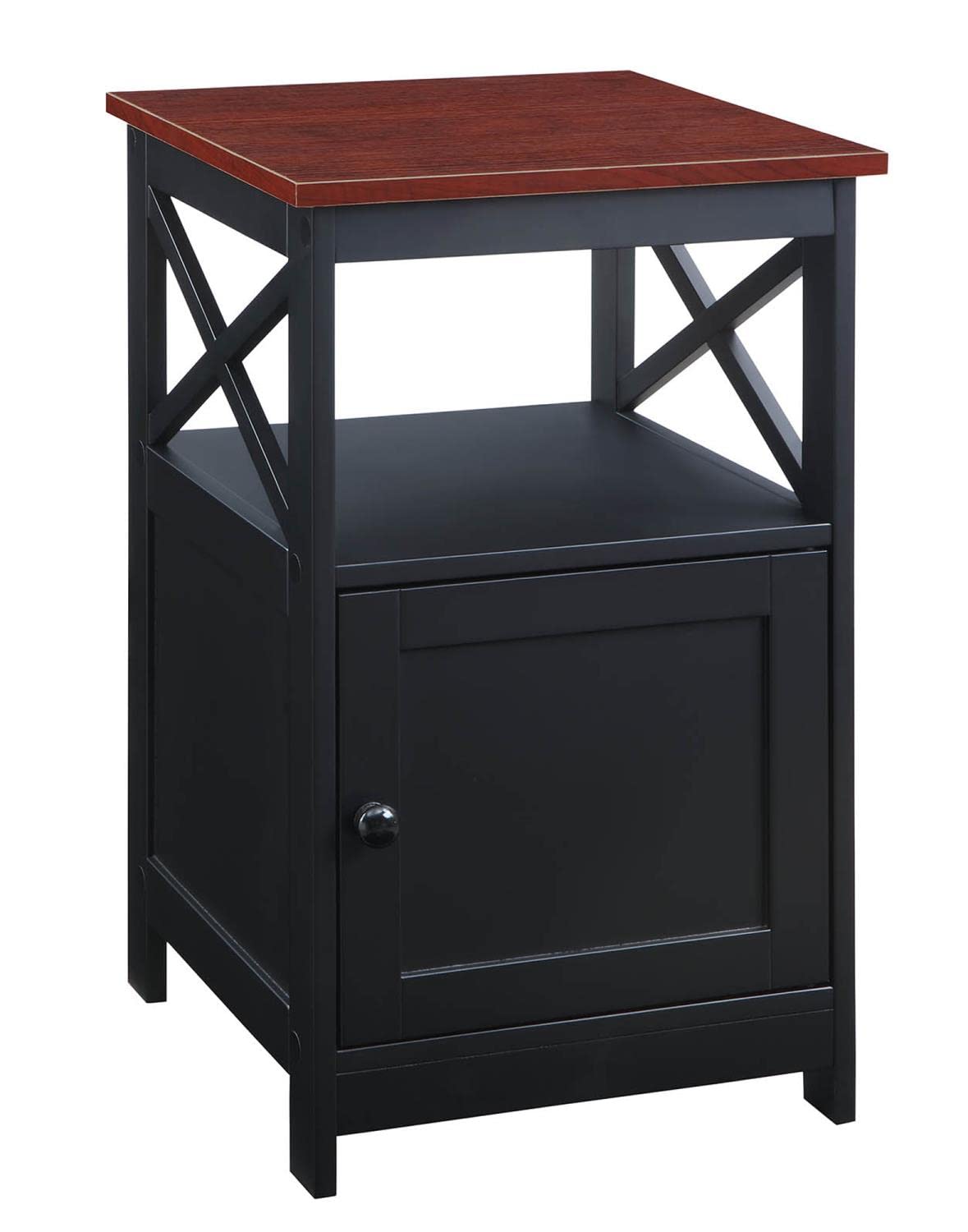 Oxford End Table with Storage Cabinet and Shelf, Cherry/Black