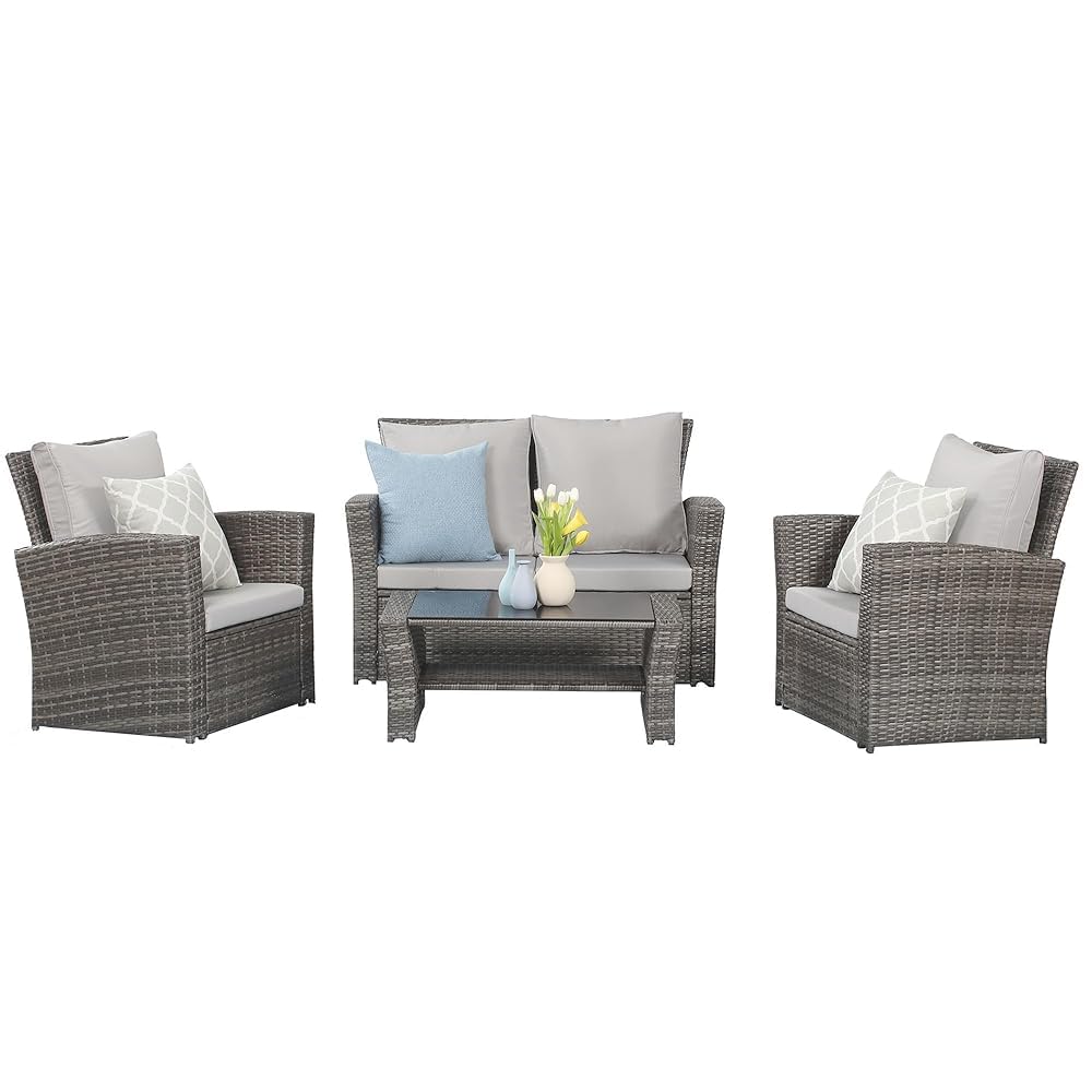 4 Piece Outdoor Patio Furniture Sets, Wicker Conversation Set for Porch Deck