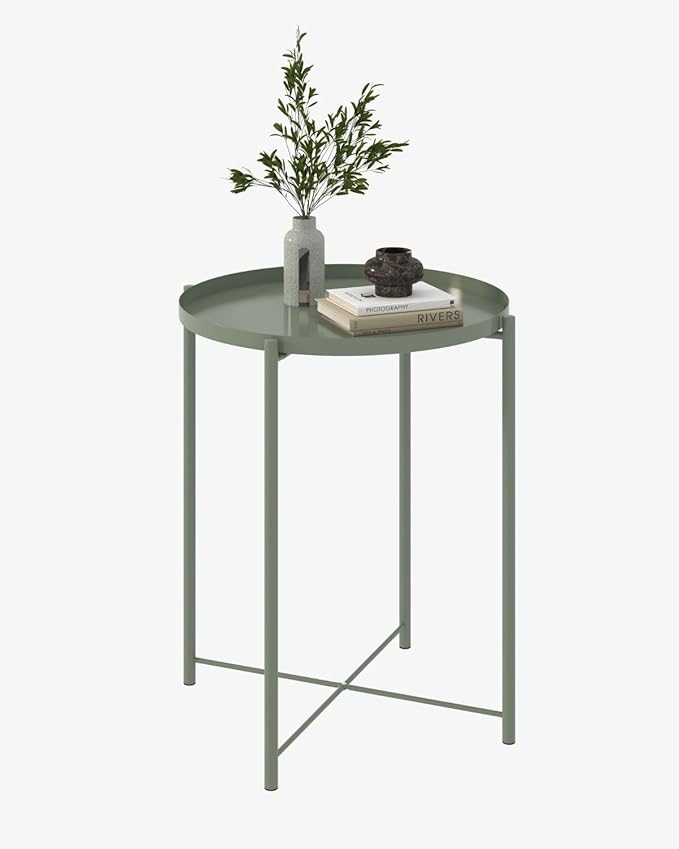 Round Small Side Table, Metal End Table with Removable Tray for Indoor Outdoor