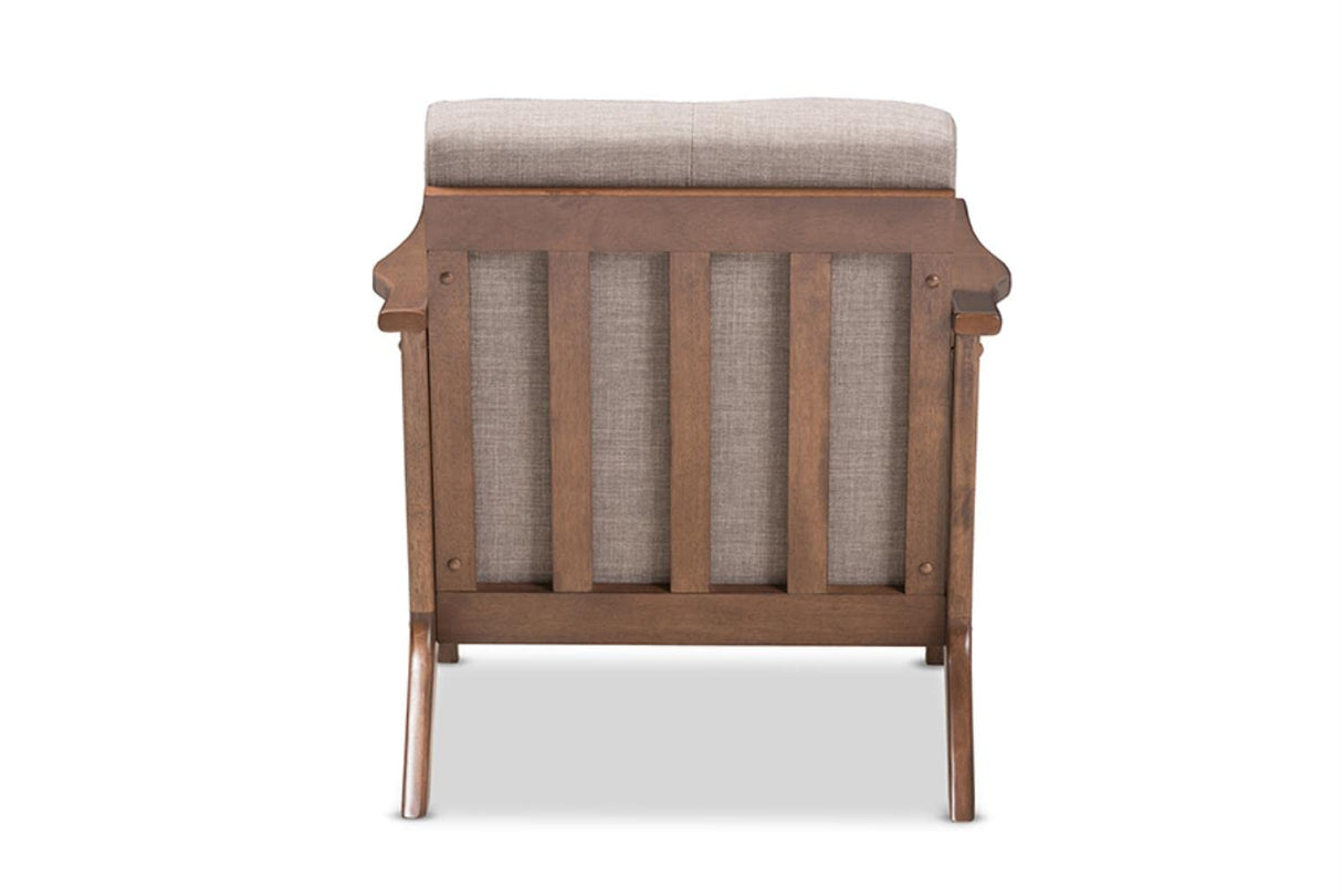 Bianca Mid-Century Modern Walnut Wood Light Grey Fabric Tufted Lounge Chair
