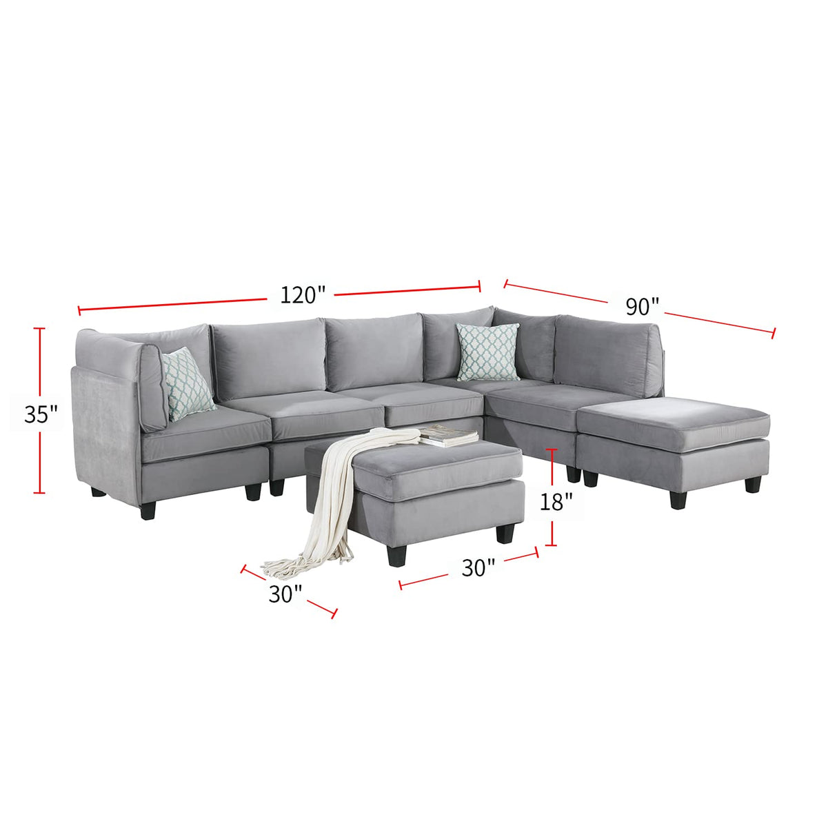 7 Piece Velvet Modular Sectional Sofa with Ottoman, Grey