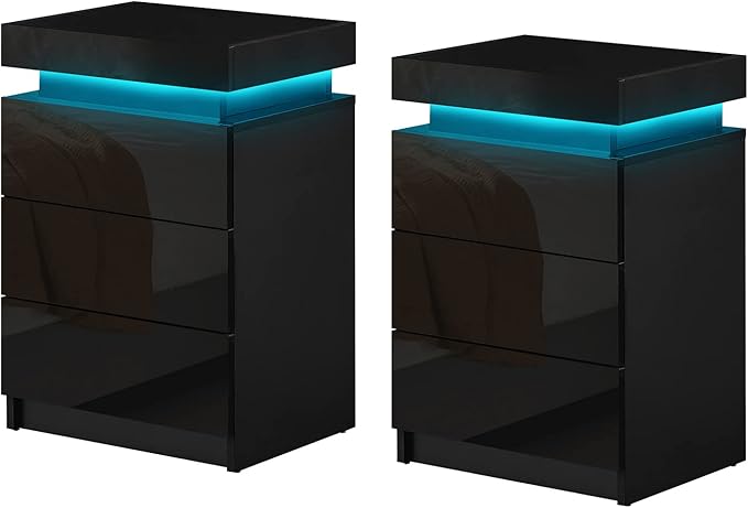 Nightstand Set of 2, LED Night Stand with 3 High Gloss Chest of Drawers, Bedside Table