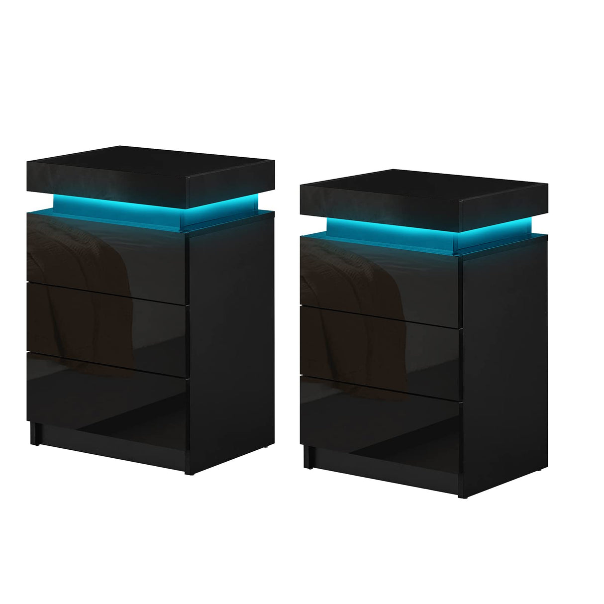 Nightstand Set of 2, LED Night Stand with 3 High Gloss Chest of Drawers, Bedside Table