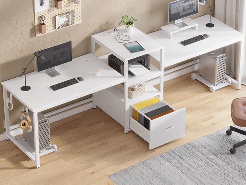 98" Home Office Desk, White Computer Desk with Letter/A4 File Drawer & Power Strip with USB, 2 Person Long Desk with Storage, Printer Shelf & Monitor Stand for Home Office, White