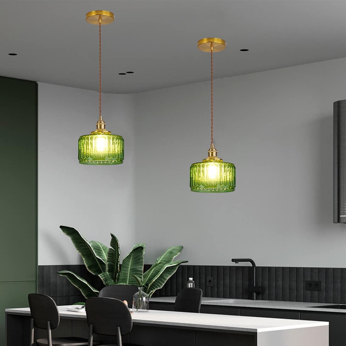 Green Pendant Light Fixtures Striped Glass One-Light Mid Century Ceiling Hanging Light S
