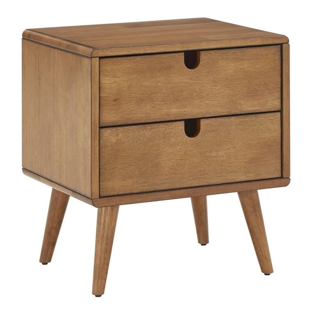 2-Drawer Mid-Century Rubberwood Nightstand in Natural Oak