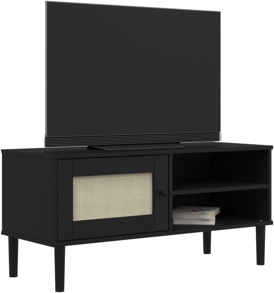 SENJA Rattan Look TV Stand - Black, Solid Wood Pine, Ample Storage