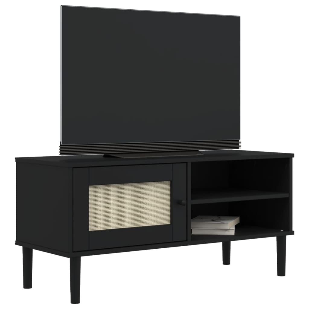 SENJA Rattan Look TV Stand - Black, Solid Wood Pine, Ample Storage