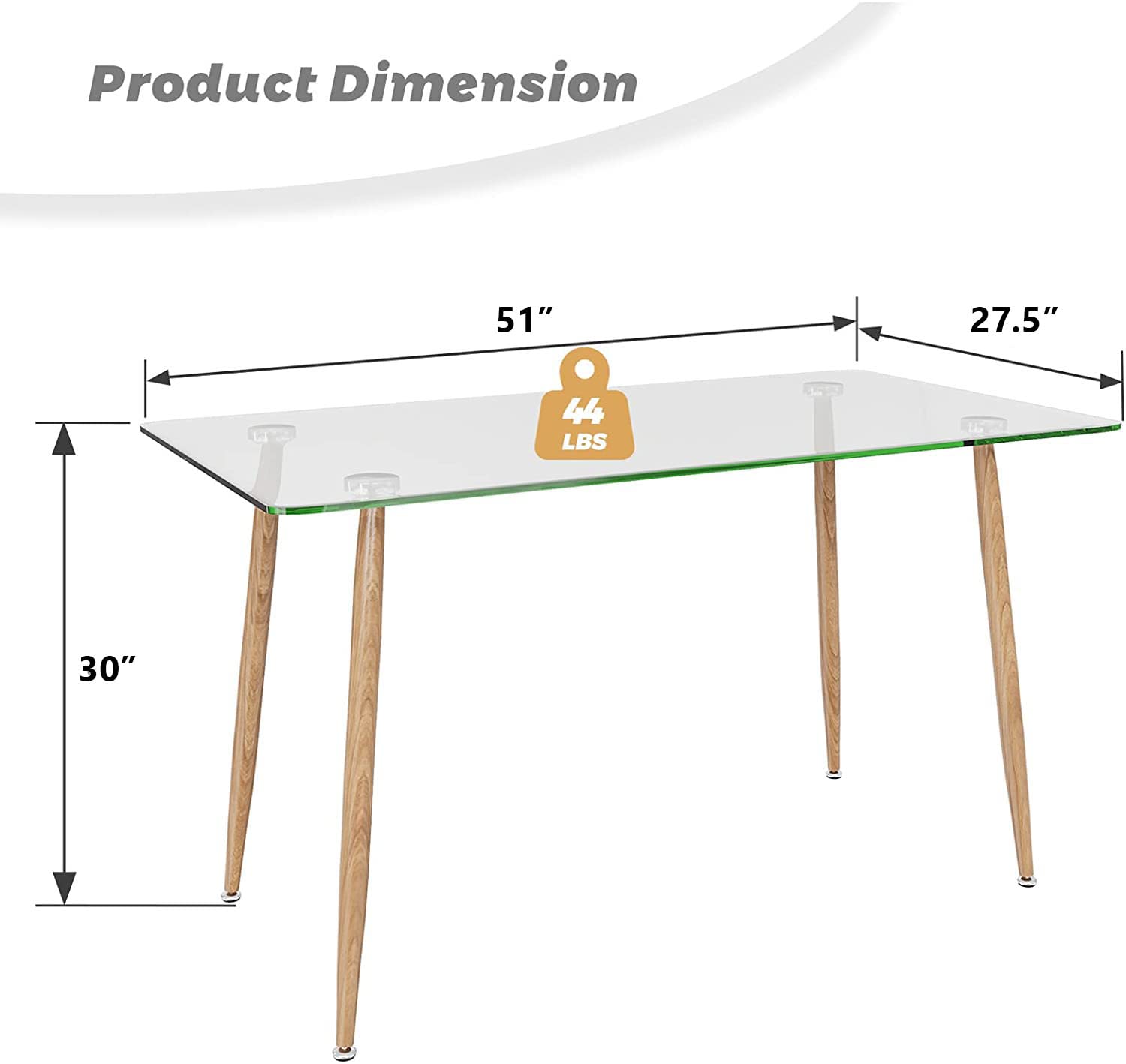 Glass Dining Table, Modern Rectangular Table with Tempered Glass Tabletop & Black