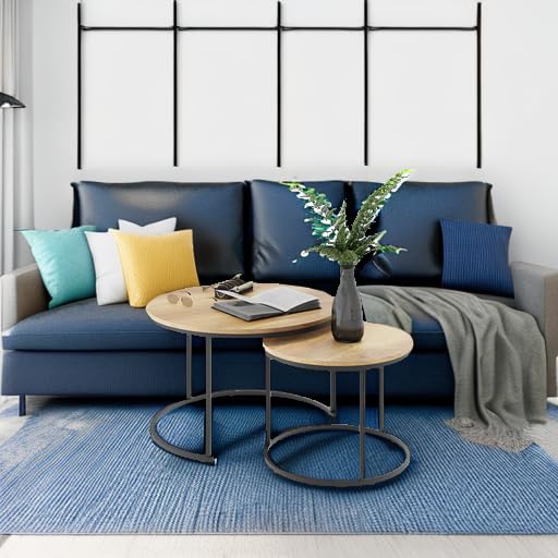 Nesting Coffee Table Set of 2, 27.6" Round Coffee Table Wood Grain Top with Adjustable Non-Slip Feet, Industrial End Table Side Tables for Living Room Bedroom Balcony Yard