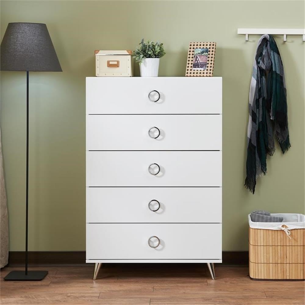 Acme Elms Wooden Rectangular Chest with 5 Storage Drawers in White and Chrome