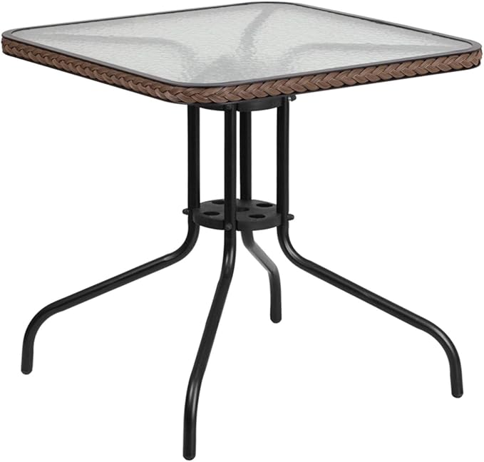 Barker 28'' Square Tempered Glass Metal Table with Dark Brown Rattan Edging