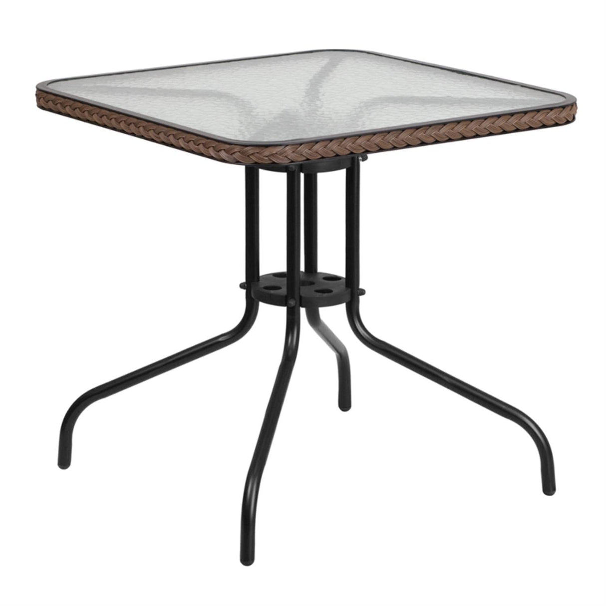 Barker 28'' Square Tempered Glass Metal Table with Dark Brown Rattan Edging