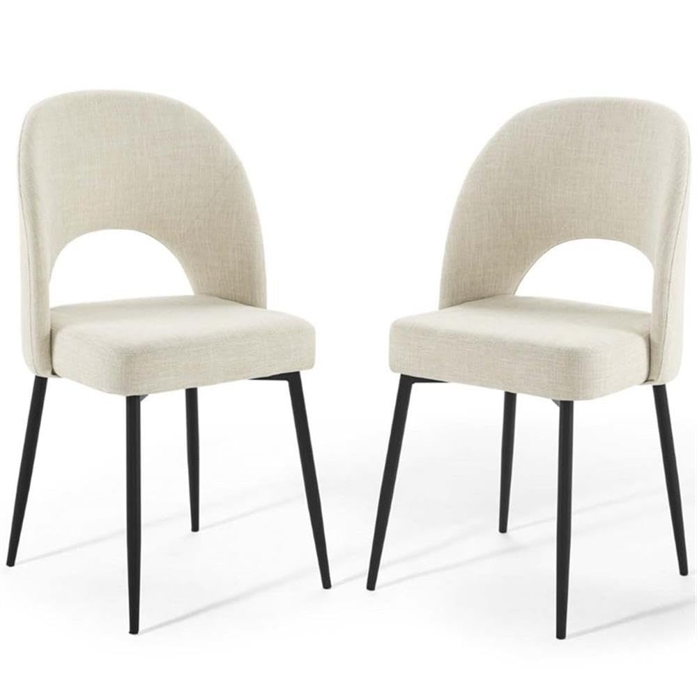 Modern Fabric Dining Chairs Set of 2 - Black Metal Frame with Beige Upholstery