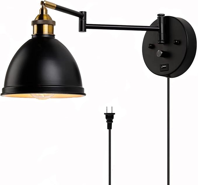 Swing Arm Wall Sconces, Plug-in Wall lamp,Bedroom Wall lamp , White Fabric Shade