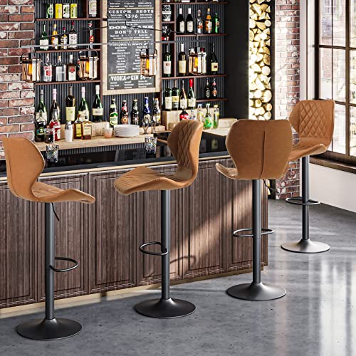 Bar stools Set of 4 Brown Leather Bar Stools, Adjustable Counter Height Barstools