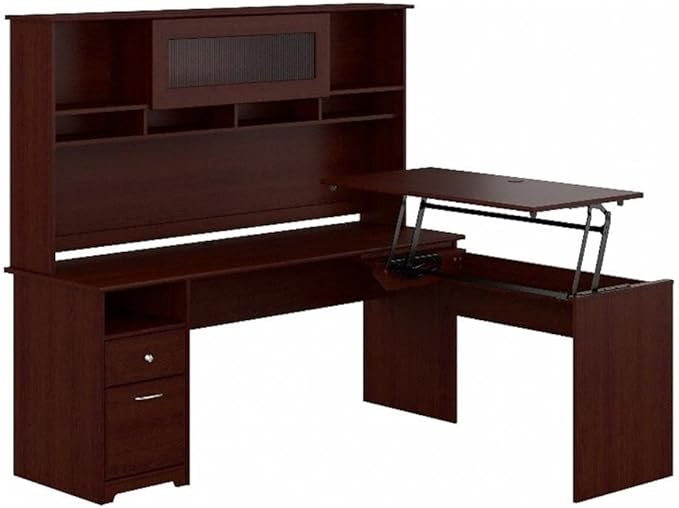 Cabot 72W 3 Position L Shaped Sit to Stand Desk with Hutch in Espresso Oak