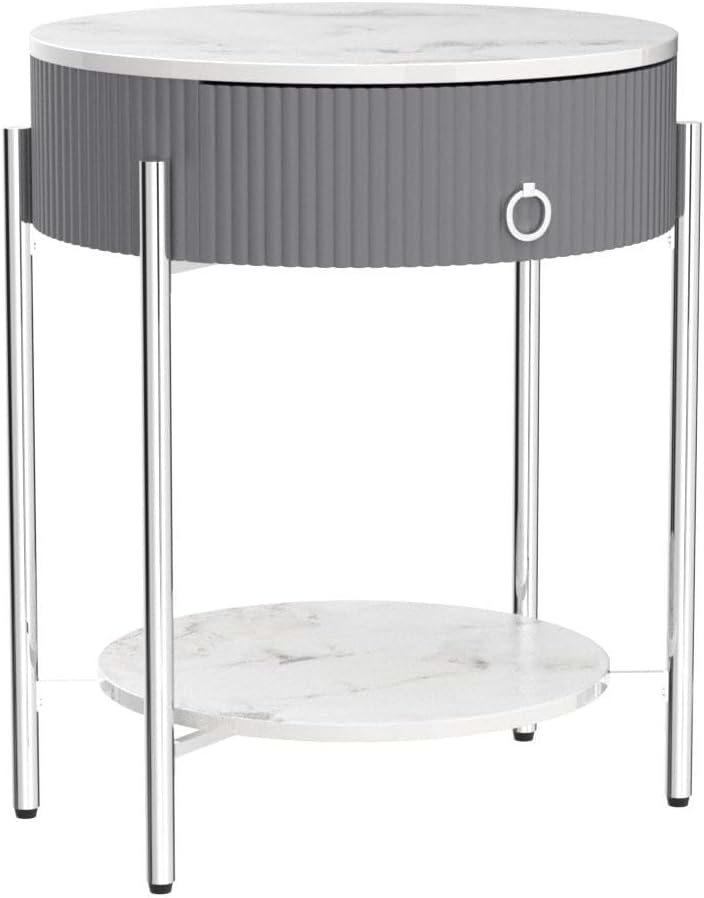 Round Side Table with Drawer, Modern Nightstand with Shelf and Chrome