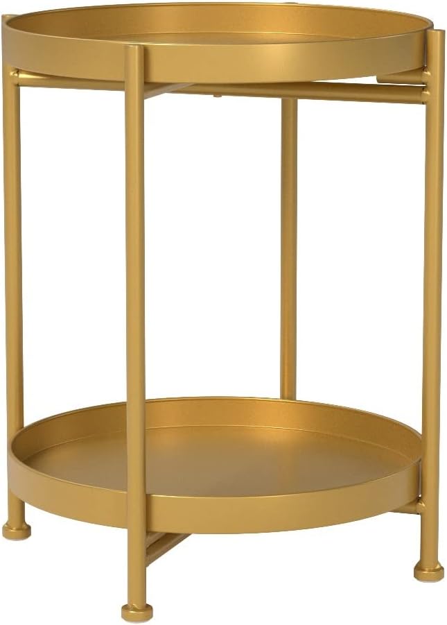 Gold Folding End Table 2-Tier Metal Round Side Table with Removable Tray for Living