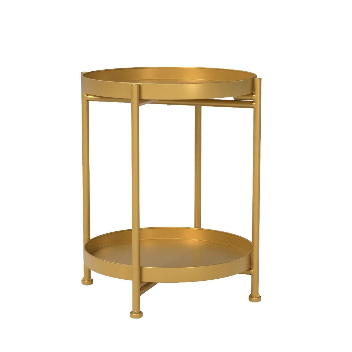 Gold Folding End Table 2-Tier Metal Round Side Table with Removable Tray for Living