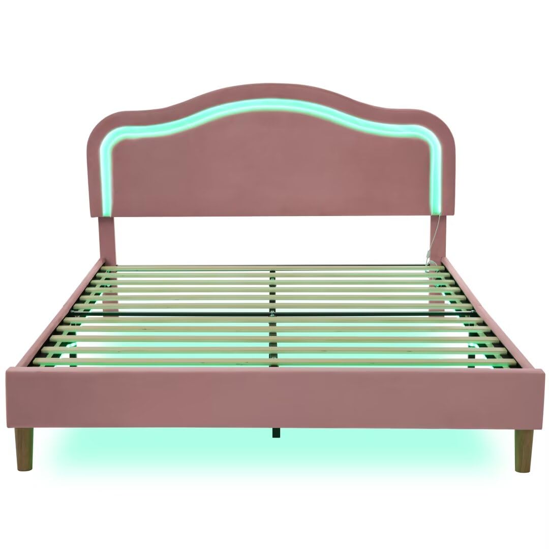 JIJIWANG Queen Size Velvet Upholstered Smart LED Bed Frame with Adjustable Height Headboard,No Box Spring Needed,Easy Assembly,Pink