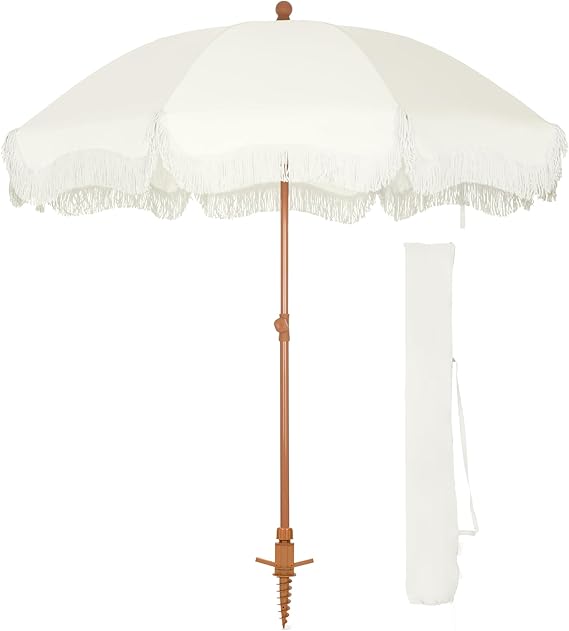 7 ft Heavy Duty Beach Umbrella with Sand Anchor, Fringe Umbrella for Sand