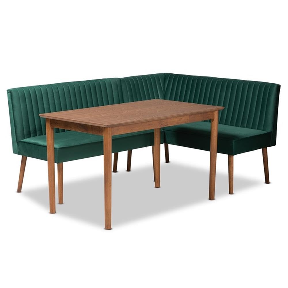 Alvis Mid-Century Modern Emerald Green Velvet Upholstered and Walnut Brown