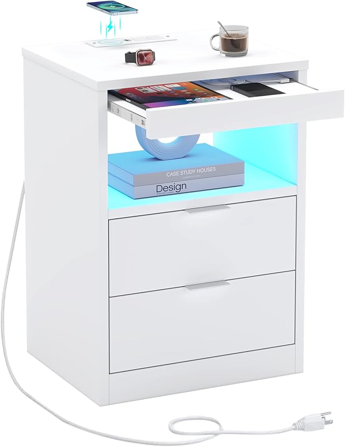 ED Nightstand White Nightstand with Wireless Charging Station 2 Drawers
