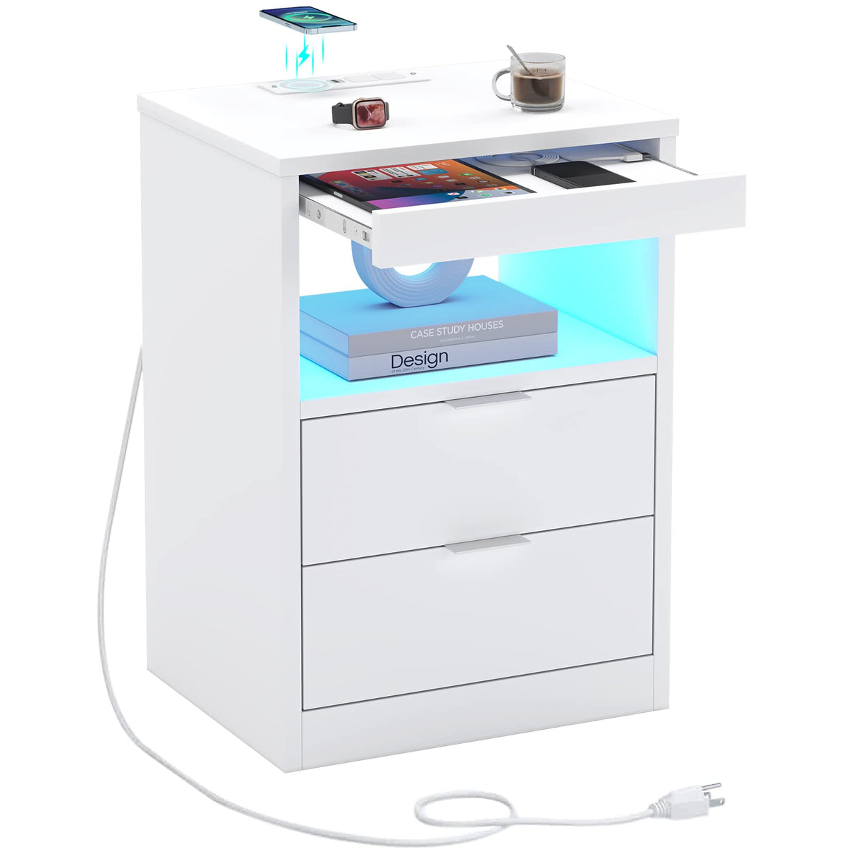 ED Nightstand White Nightstand with Wireless Charging Station 2 Drawers