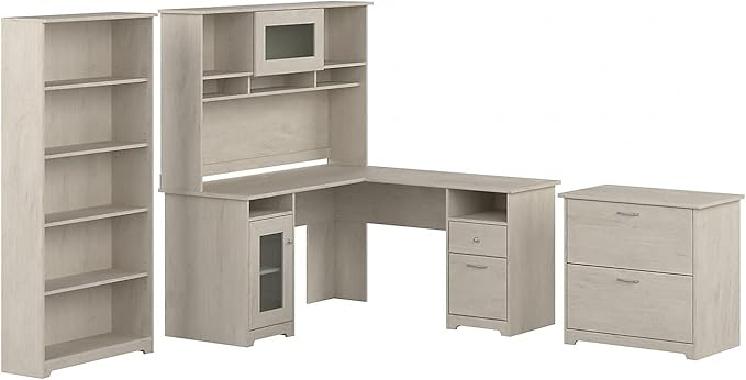 L Shaped Desk with Hutch, 5 Shelf Bookcase and Lateral File Cabinet | Cabot Collection Corner Computer Table with Storage and Bookshelf | 60Wx23DX37W