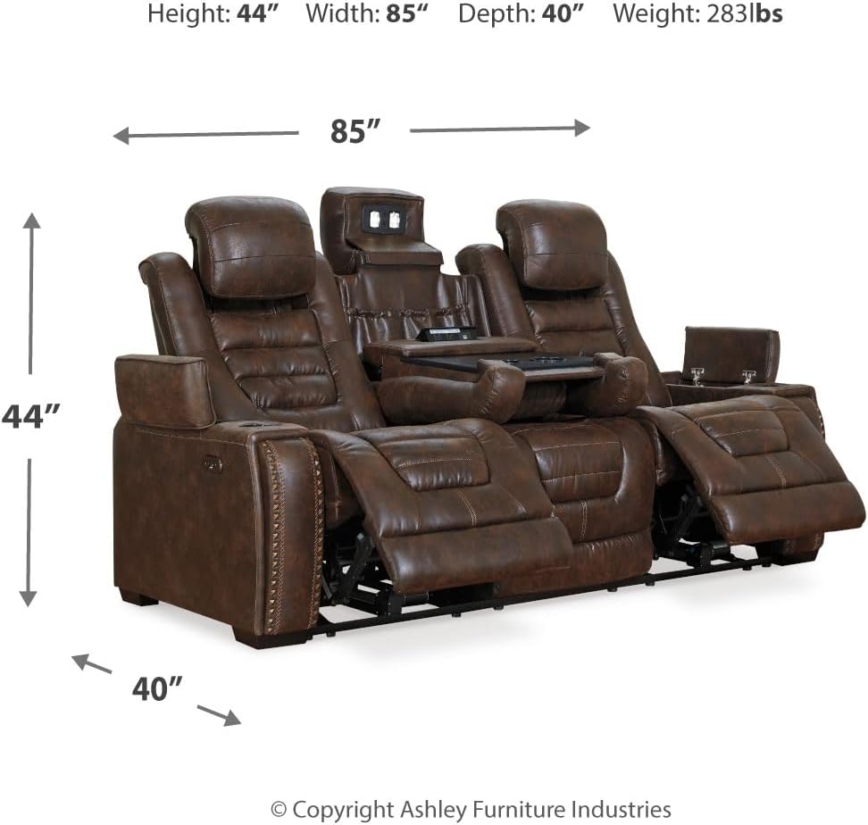 Game Zone Faux Leather Adjustable Power Reclining Sofa with Cup Holders and Storage, Brown
