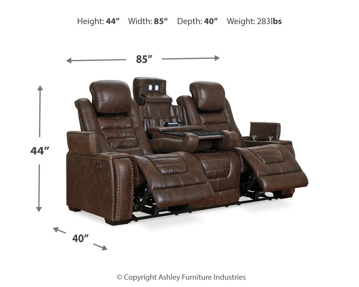 Game Zone Faux Leather Adjustable Power Reclining Sofa with Cup Holders and Storage, Brown