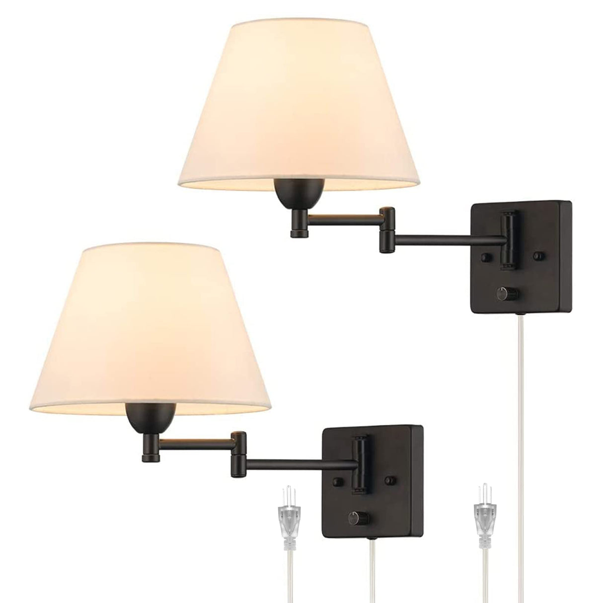 Wall Sconces Plug in, Modern Wall Lamp Set of 2 Swing Arm Wall Lights, On/Off Rotary