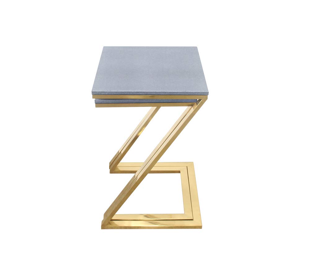 Walter Z-Leg Set of 2 Nesting Tables, Faux Shagreen in Gray with Gold Metal