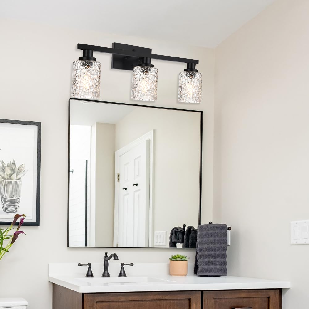 3-Light Vanity Wall Sconce in Matte Black Finish with Clear Glass Shade, Modern Bathroom