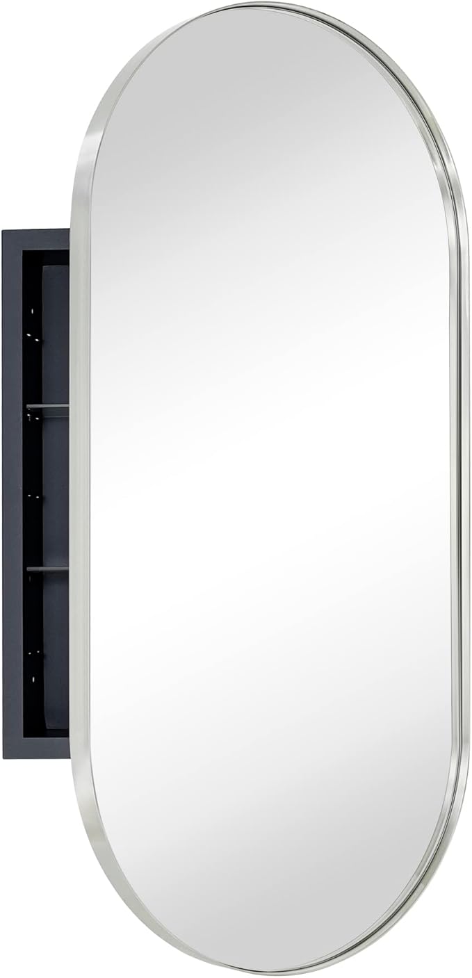 Matte Black Oval Recessed Bathroom Medicine Cabinet