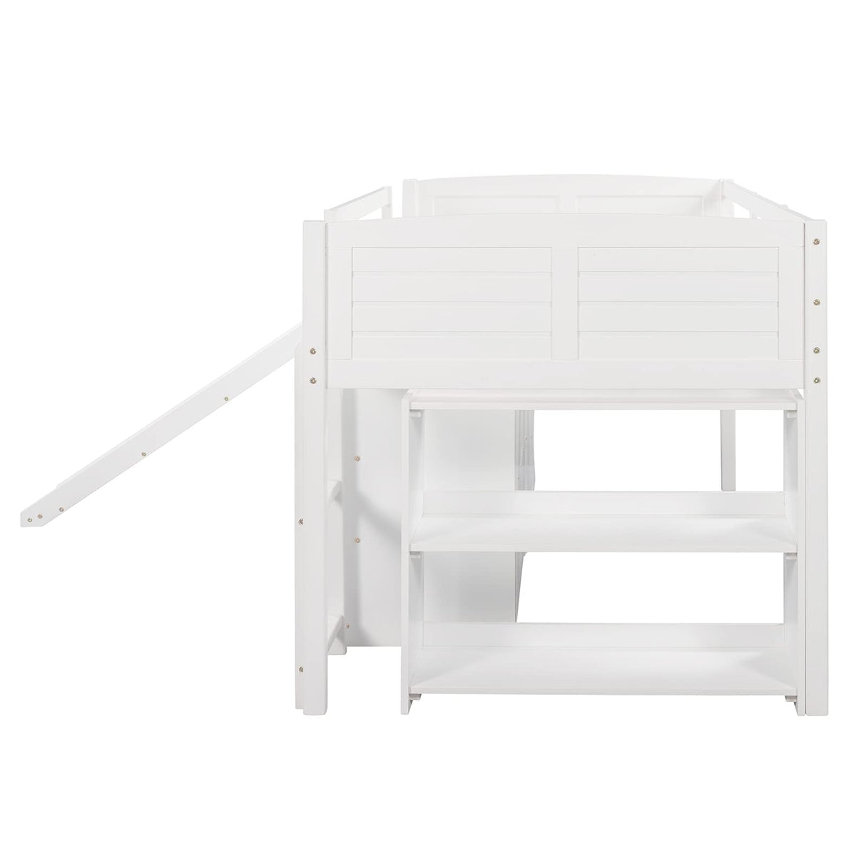 Slide and Storage Twin Loft Bed Frame with Cabinet Drawers and Book Shelves, Wooden