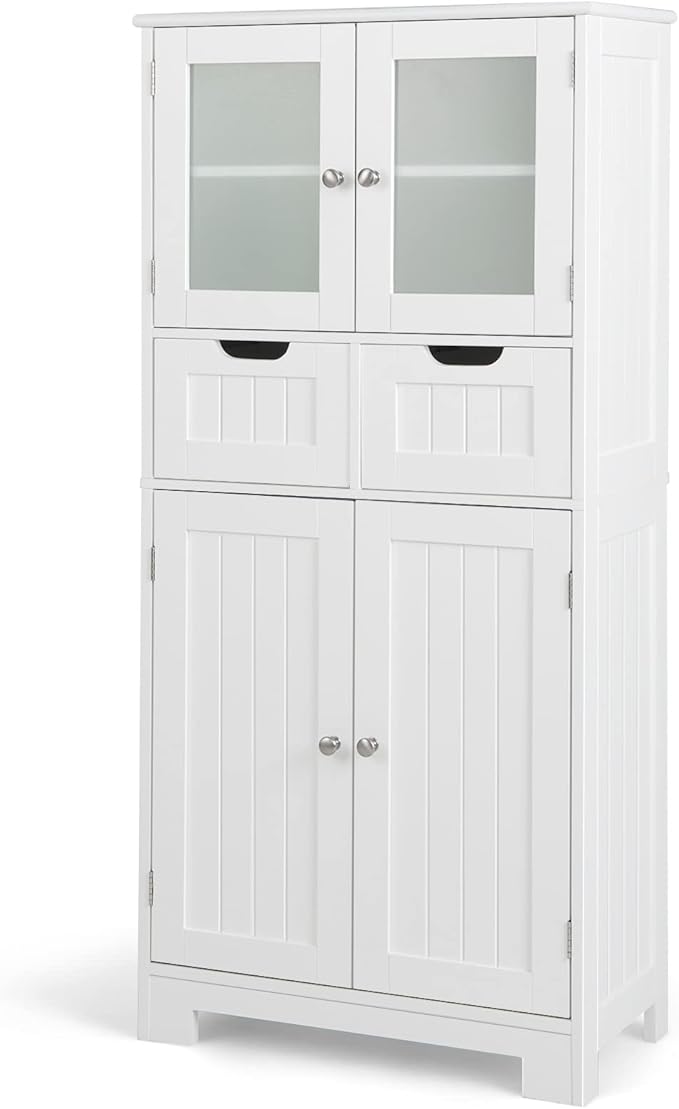 Bathroom Floor Storage Cabinet - Freestanding Cabinet with 2 Glass Doors, 2 Drawers